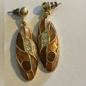 Gold-Tone Brown Enamel Drop Earrings with Crystal Accents